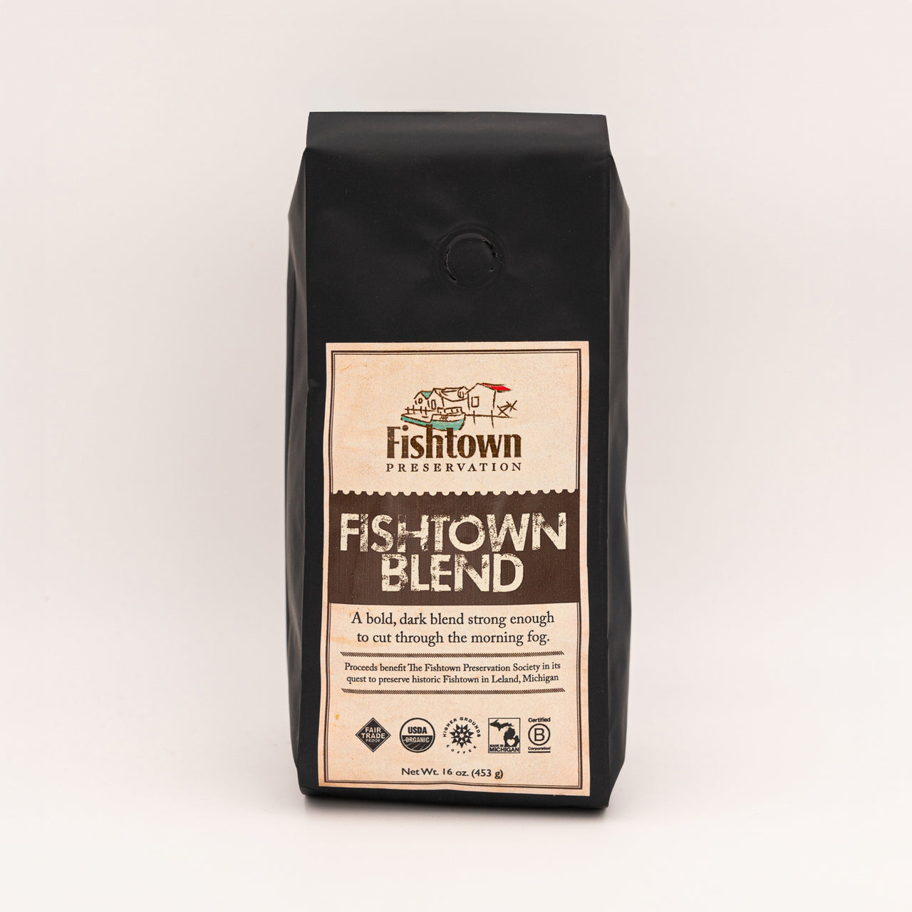 bag of organic Fishtown Blend dark roast Coffees For Change coffee beans from Higher Grounds Trading Co