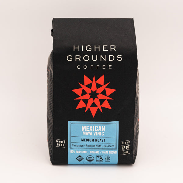 bag of organic medium roasted Mexican Maya Vinic coffee beans from Higher Grounds Trading Co