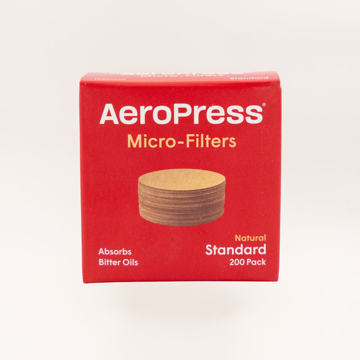 A red box of AeroPress Micro-Filters, Natural Standard, 200 Pack, shown on a clean white background.