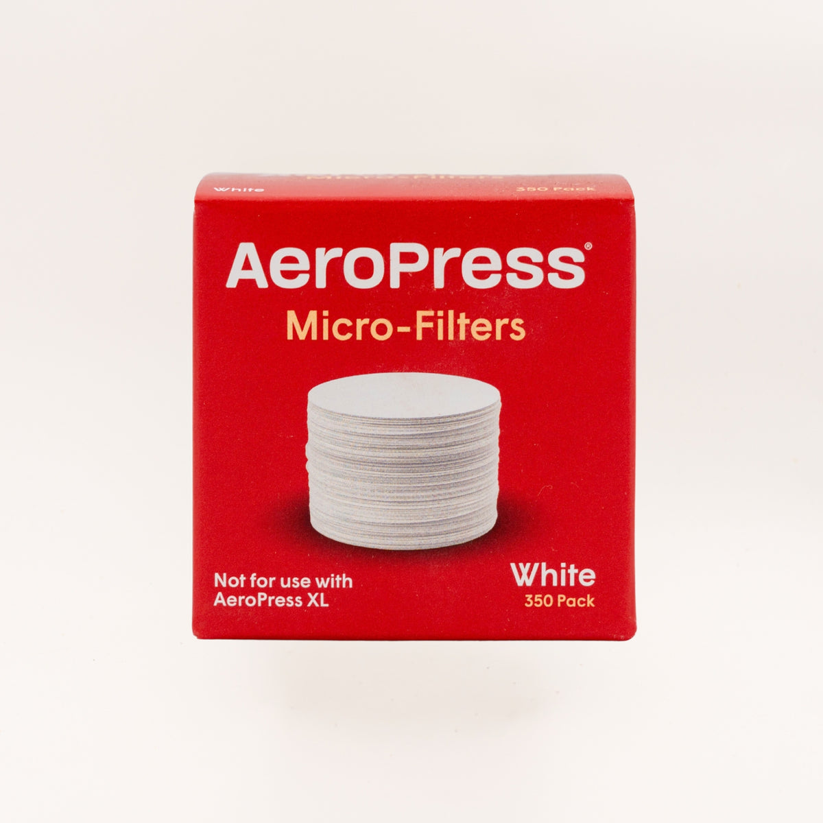 A red box of AeroPress Micro-Filters, White, 350 Pack, on a clean white background.