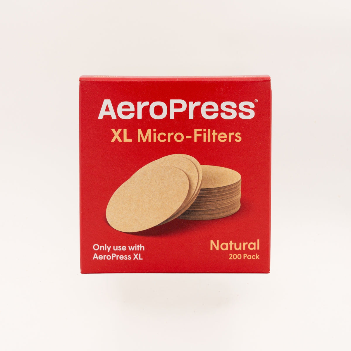 A red box of AeroPress XL Micro-Filters, Natural, 200 Pack, shown on a clean white background.