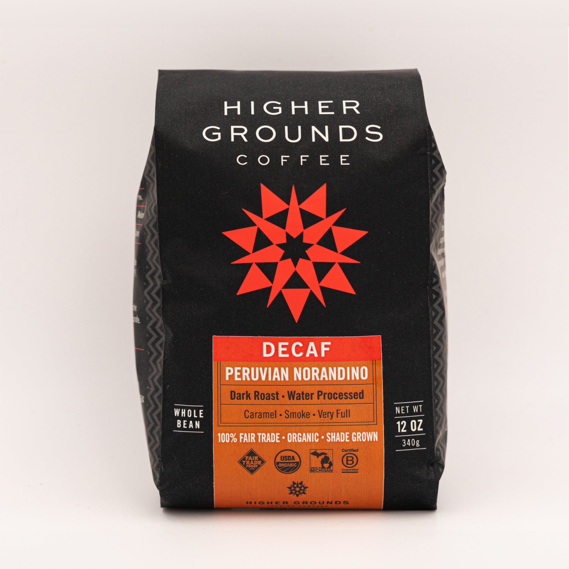 bag of organic decaf dark roast Peruvian coffee beans from Higher Grounds Trading Co