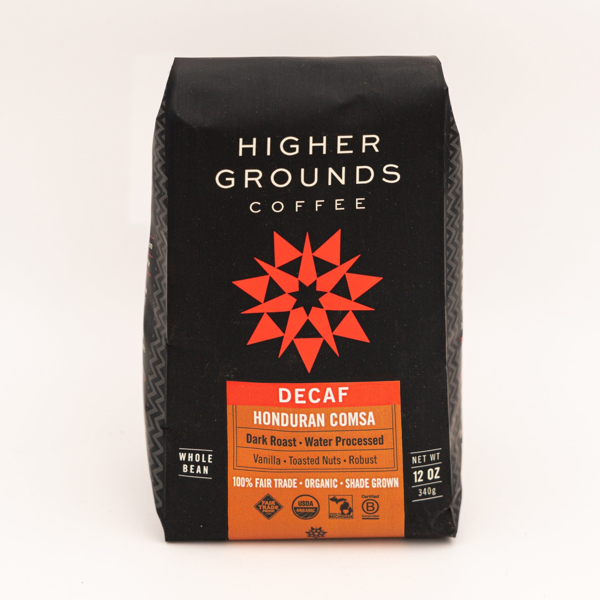 bag of organic decaf dark roast Honduran coffee beans from Higher Grounds Trading Co