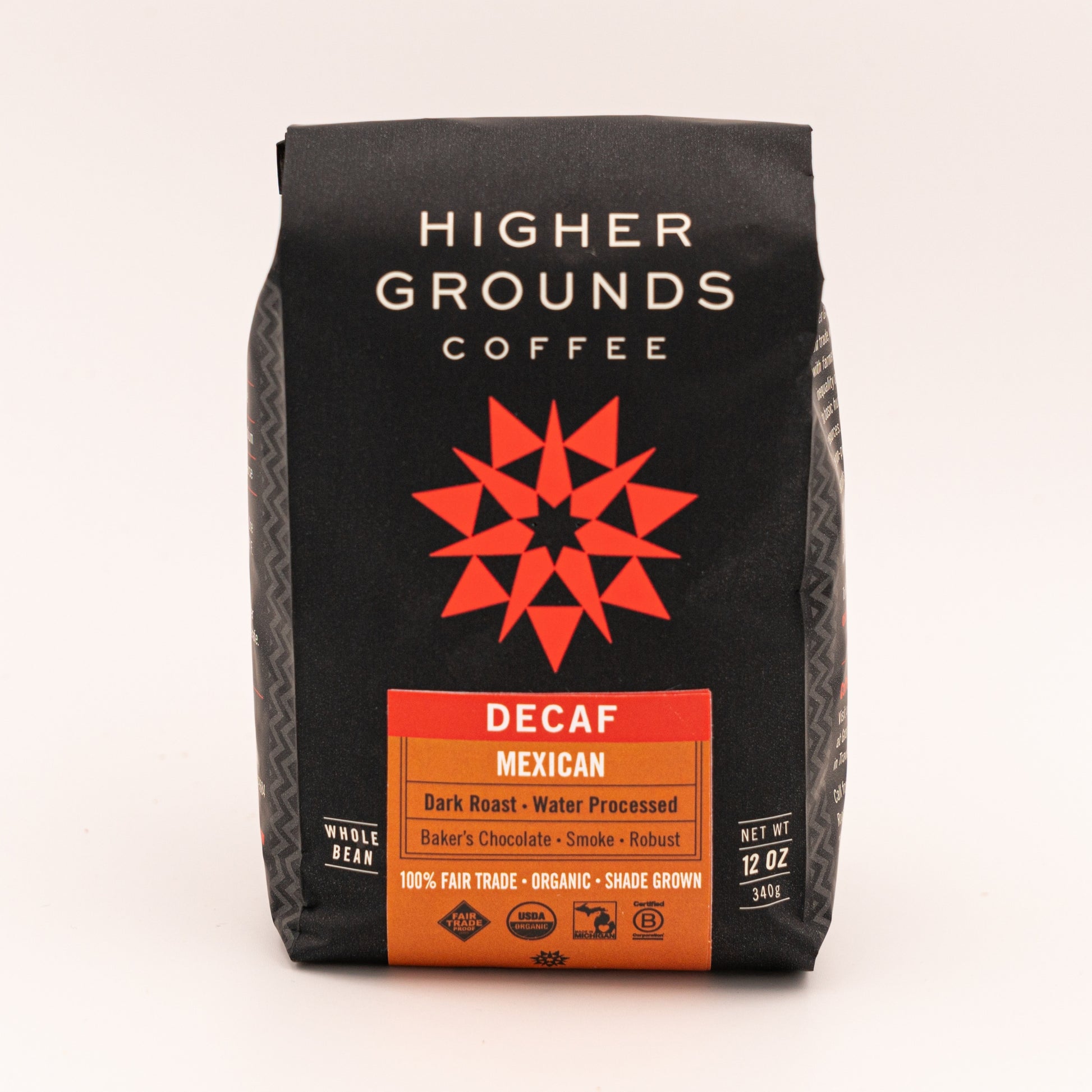 bag of organic decaf dark roasted Mexican Triunfo Verde coffee beans from Higher Grounds Trading Co