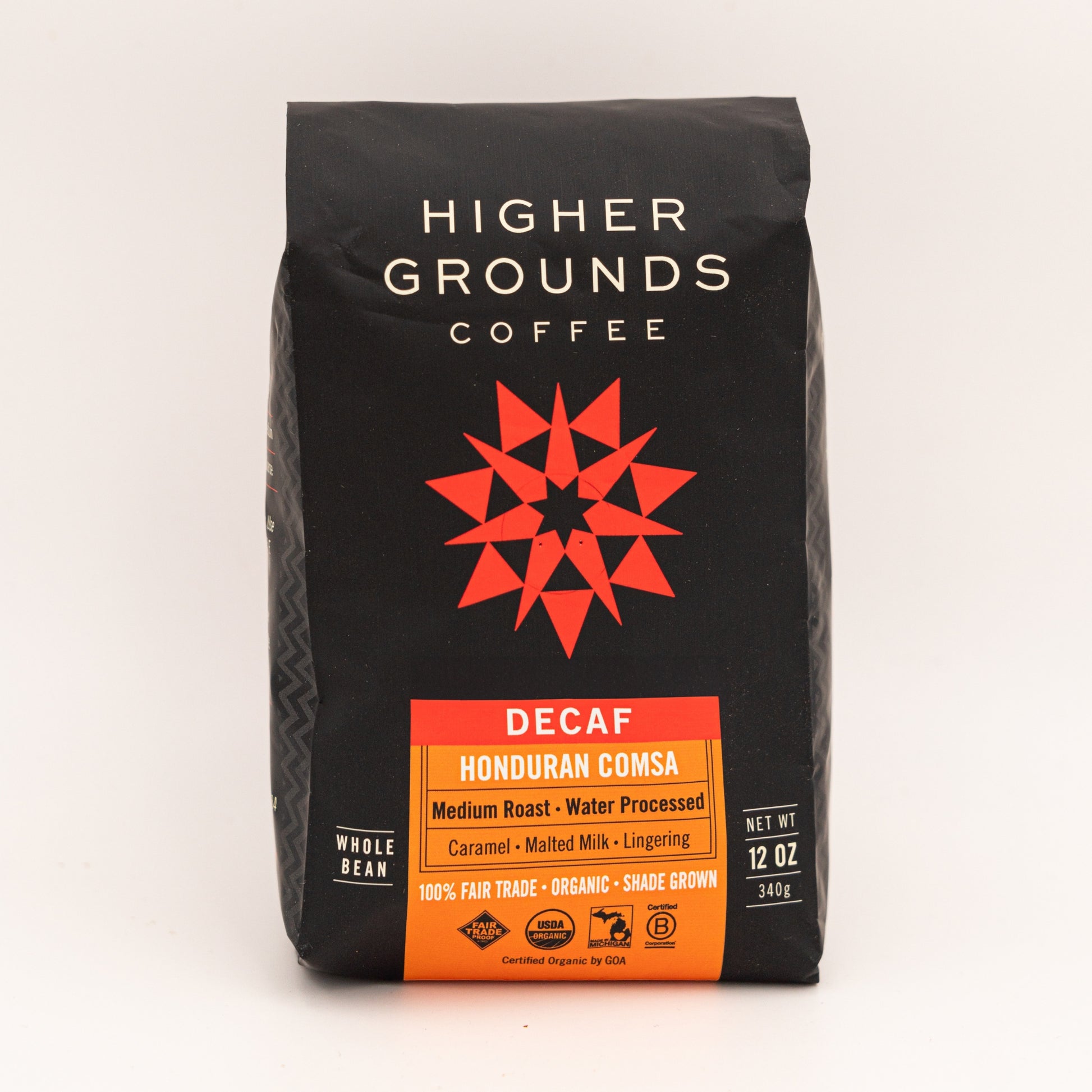 bag of organic Decaf Honduran coffee beans from Higher Grounds Trading Co