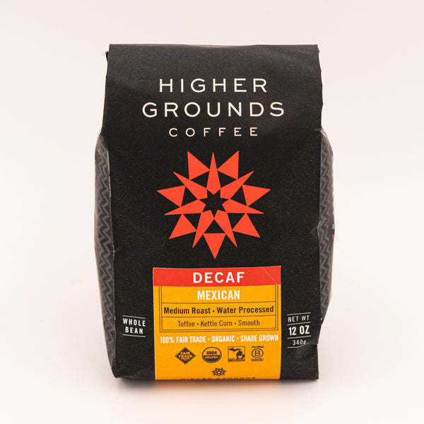 bag of organic decaf medium roasted Mexican Triunfo Verde coffee beans from Higher Grounds Trading Co