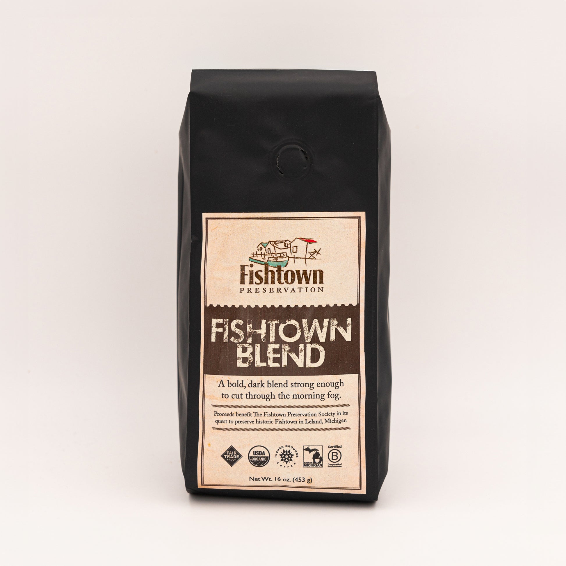 bag of organic Fishtown Blend dark roast Coffees For Change coffee beans from Higher Grounds Trading Co