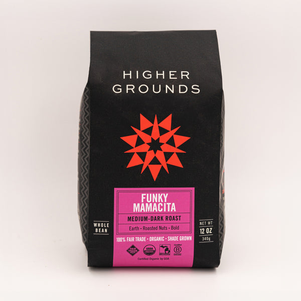 bag of organic medium dark roasted Funky Mamacita coffee beans from Higher Grounds Trading Co