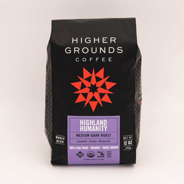 bag of organic medium dark roast Highland Humanity coffee beans from Higher Grounds Trading Co