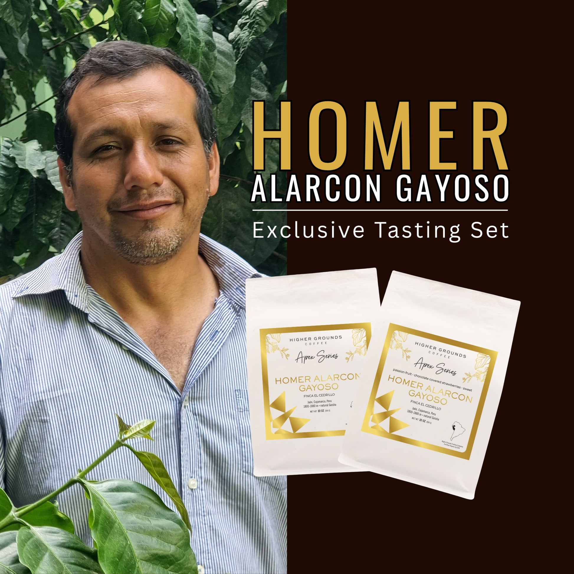 Bags of Higher Grounds Apex Line Homer Alarcon Gayoso Gesha Organic Coffee