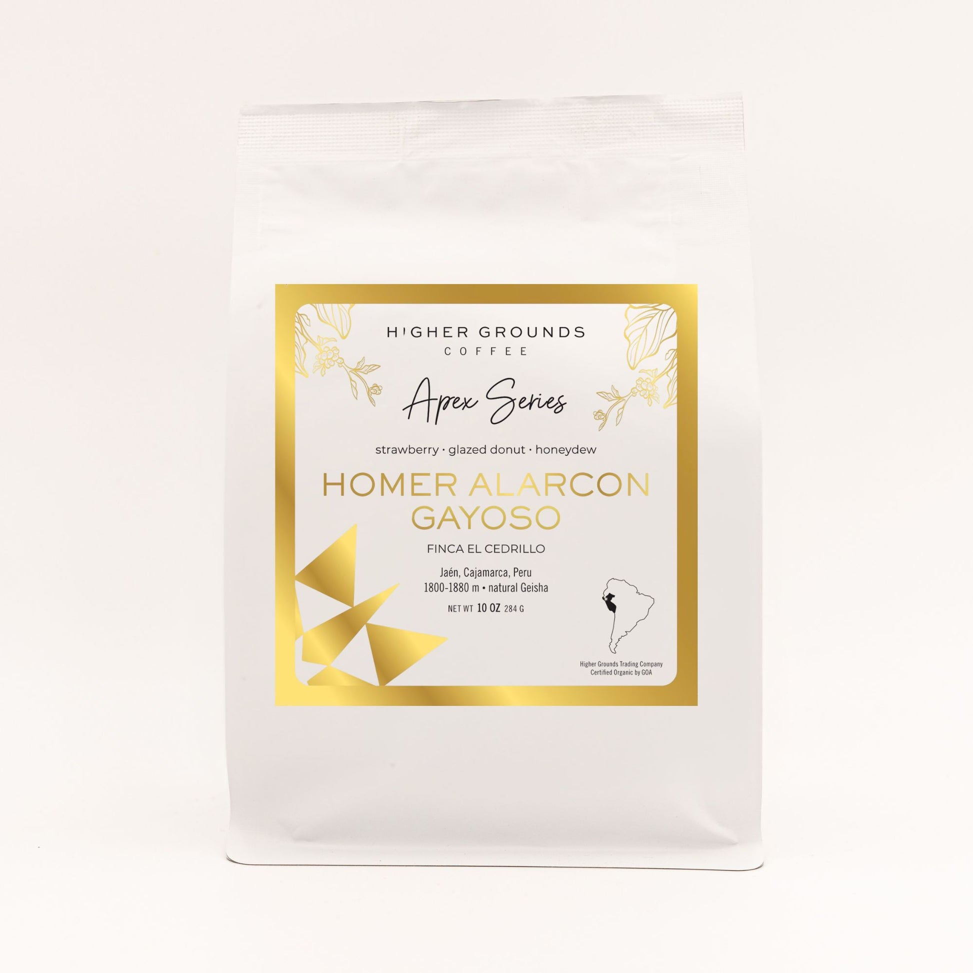 bag of organic Higher Grounds Apex Series Homer Alarcon Gayoso coffee