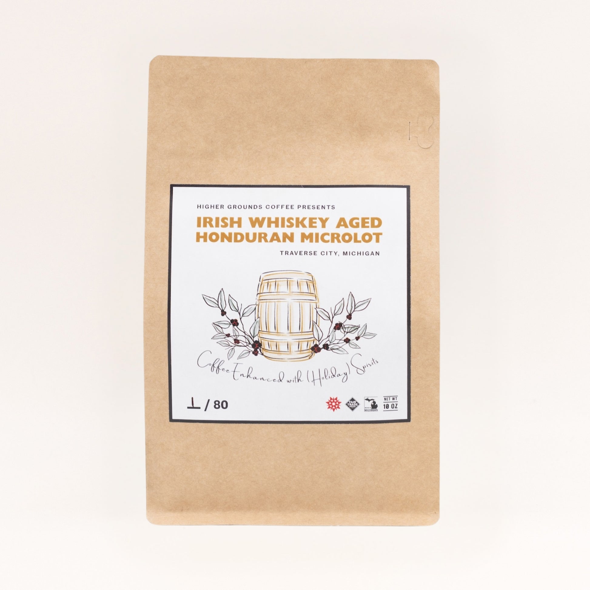 organic microdot bag of roasted Irish Whiskey Aged spirit enhanced Honduran coffee from Higher Grounds Trading Company