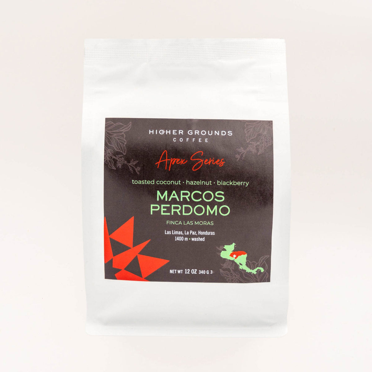bag of Honduran Apex Marcos Perdomo coffee from Higher Grounds Coffee