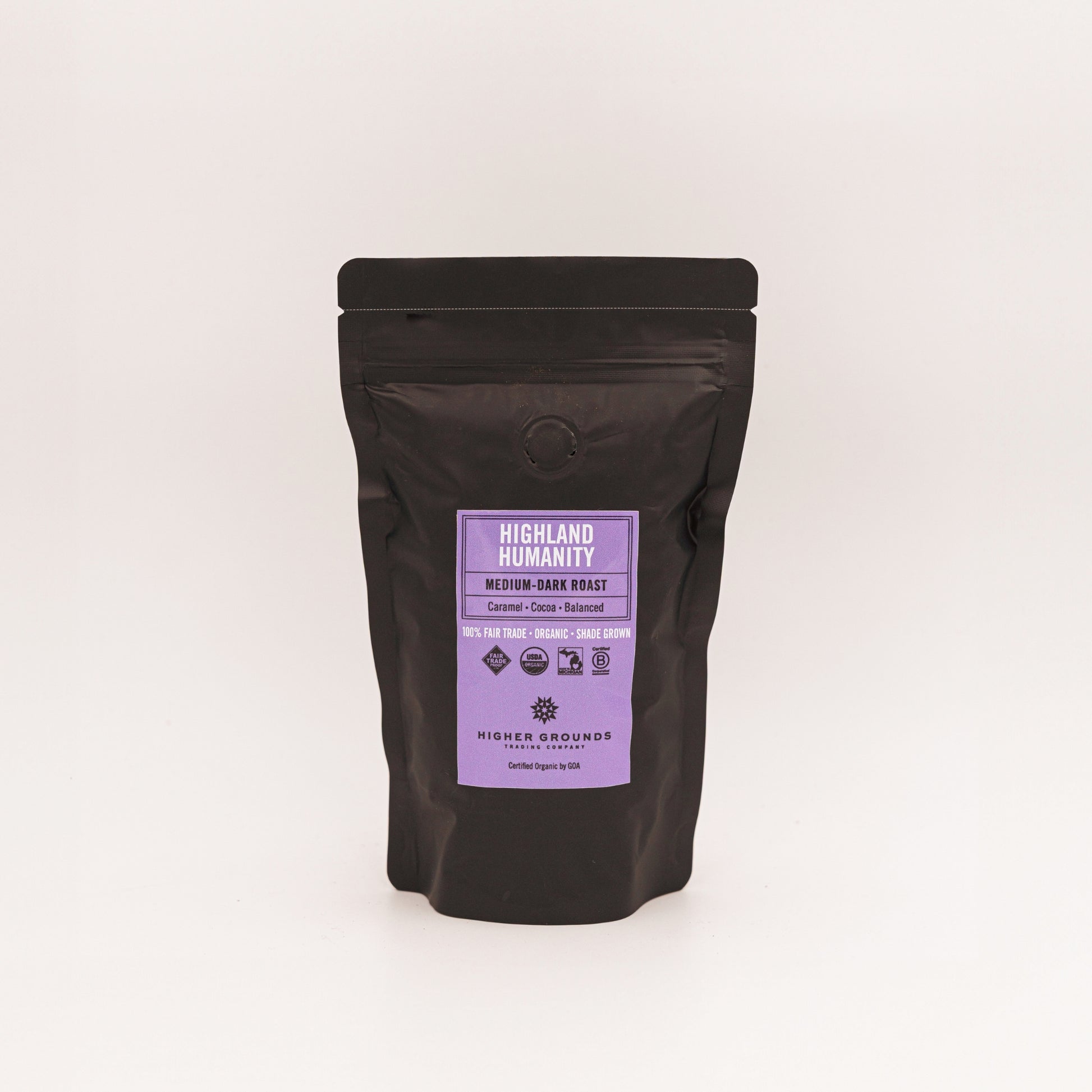 bag of Higher Grounds roasted coffee in a 6oz sample sized bag