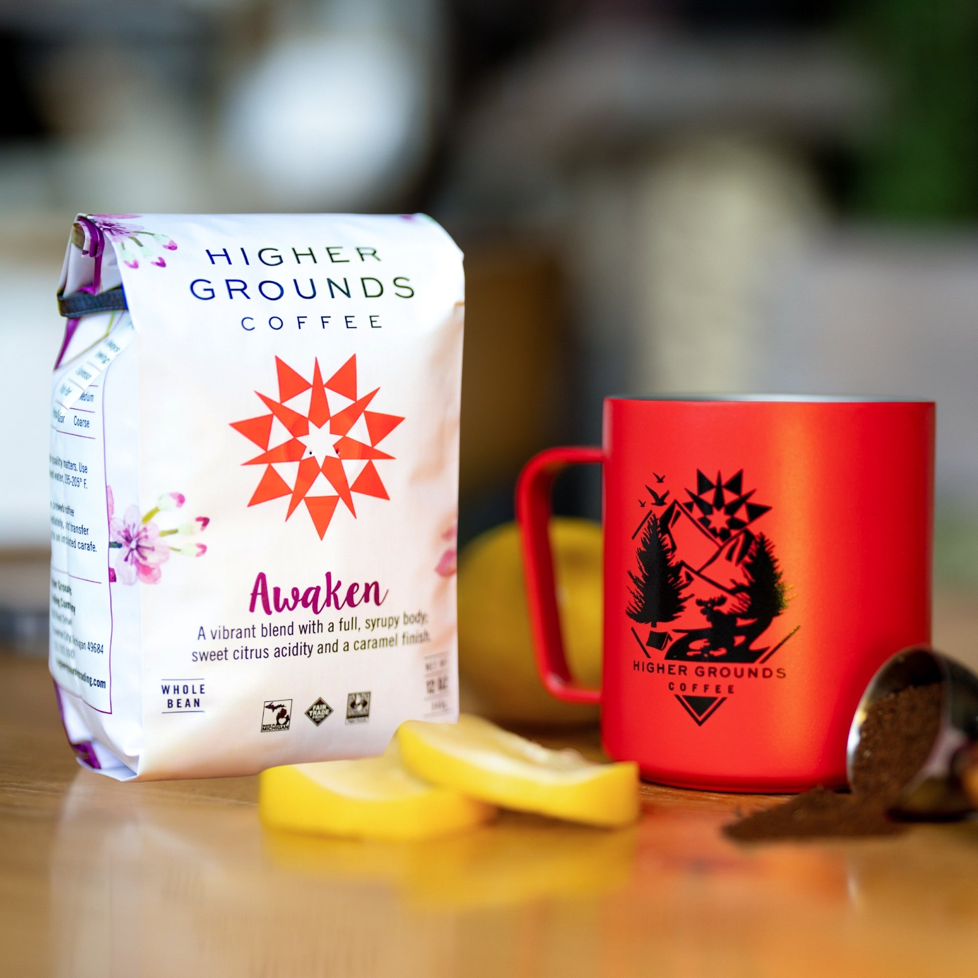 bag of organic Awaken Blend Coffees For Change coffee beans from Higher Grounds Trading Co