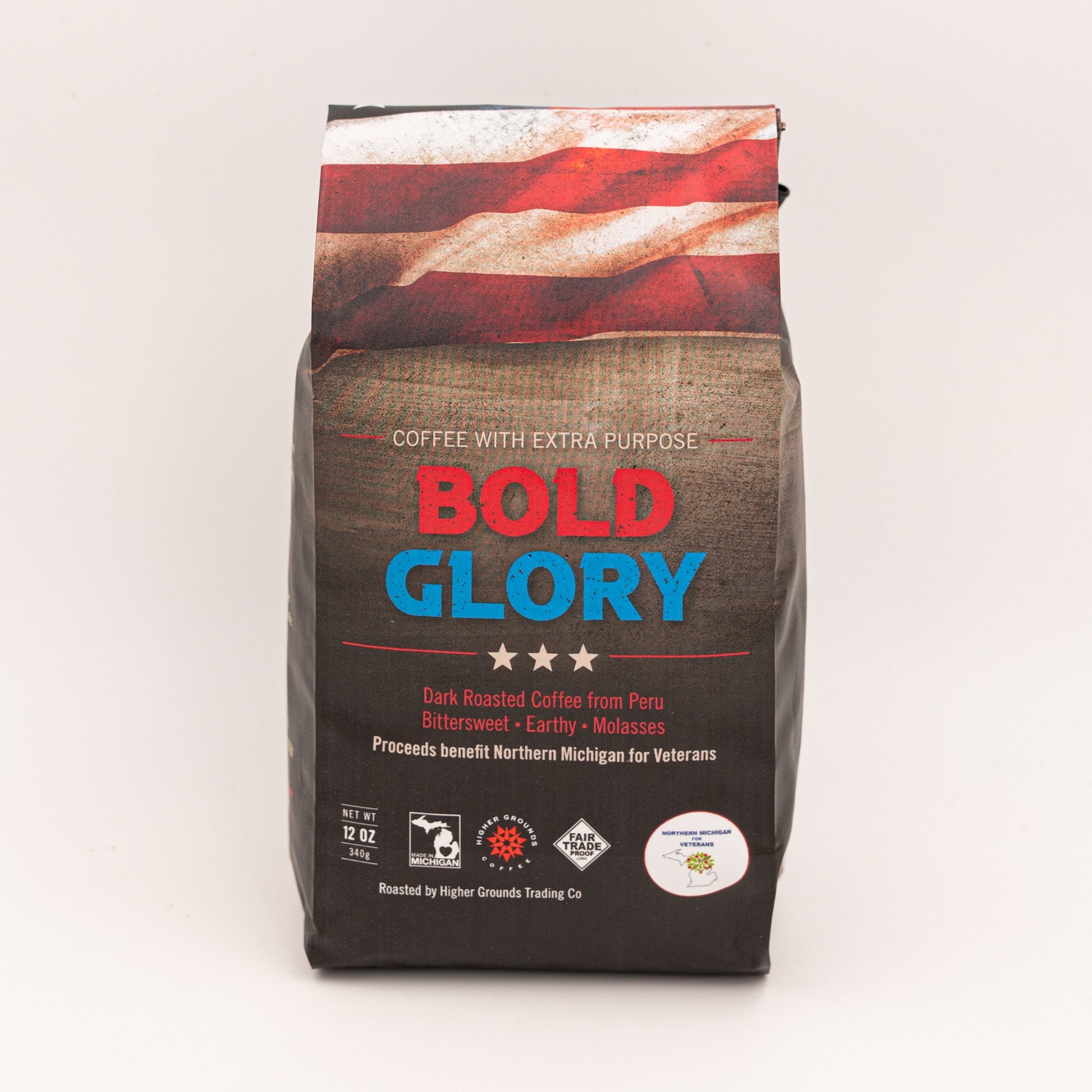 bag of dark roast organic Bold Glory Blend 
Coffees For Change coffee beans from Higher Grounds Trading Co