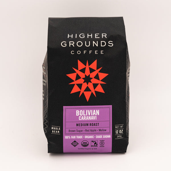 bag of organic medium roast Bolivian Caranavi coffee beans from Higher Grounds Trading Co