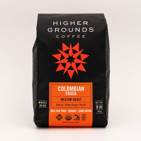 bag of organic medium roast Colombian Cauca coffee beans from Higher Grounds Trading Co