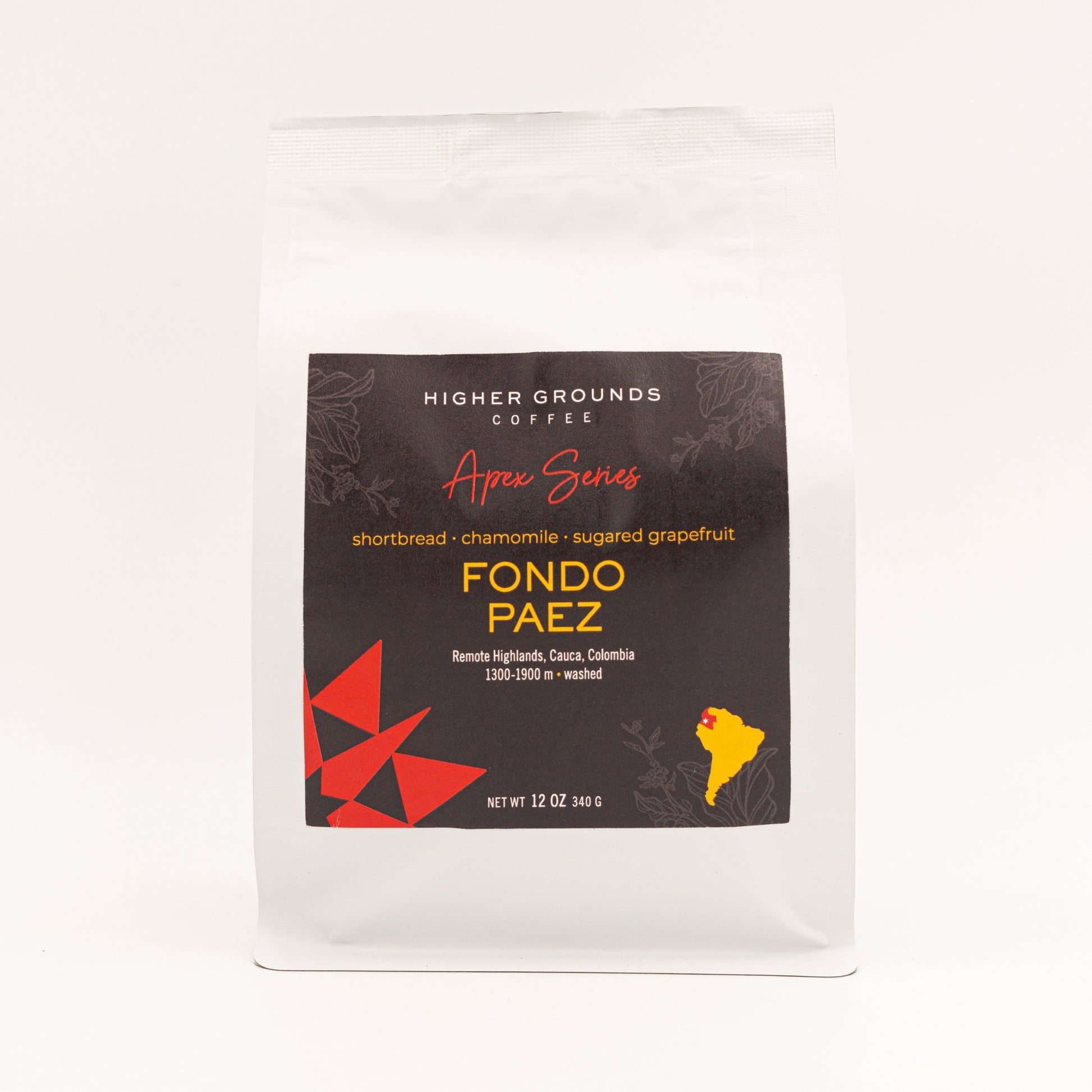Bag of Higher Grounds Apex series Colombian Fondo Paez coffee roasted beans
