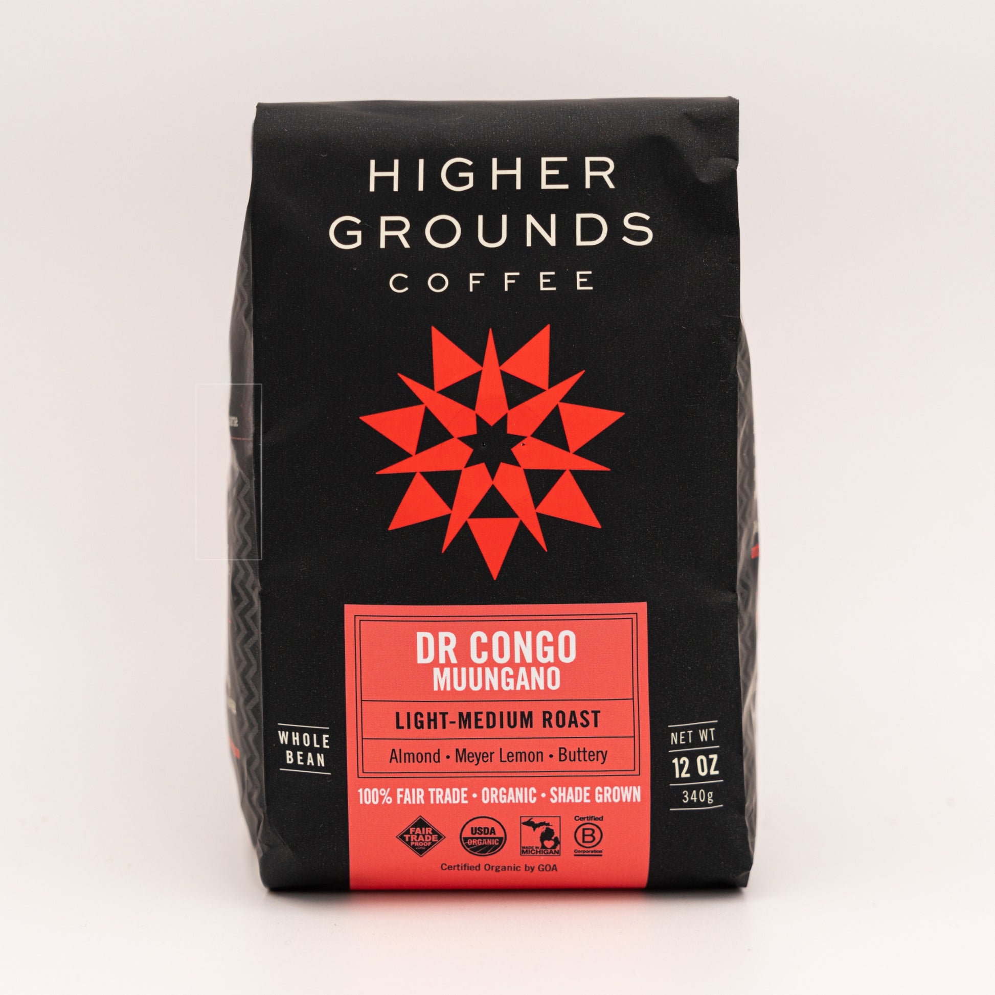 bag of organic light medium roast DR Congo Muungano coffee beans from Higher Grounds Trading Co