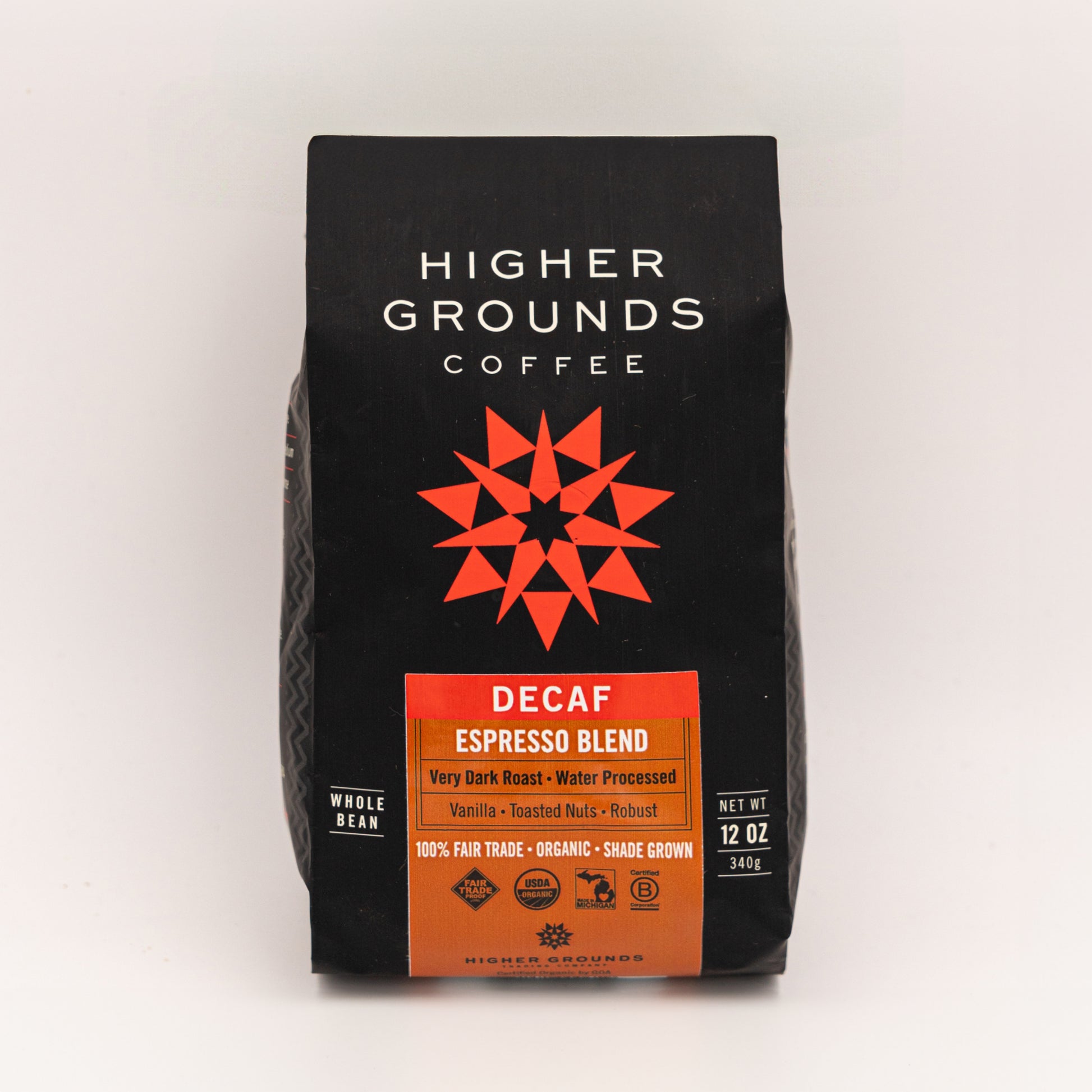 bag of organic Decaf Espresso Blend coffee beans from Higher Grounds Trading Co