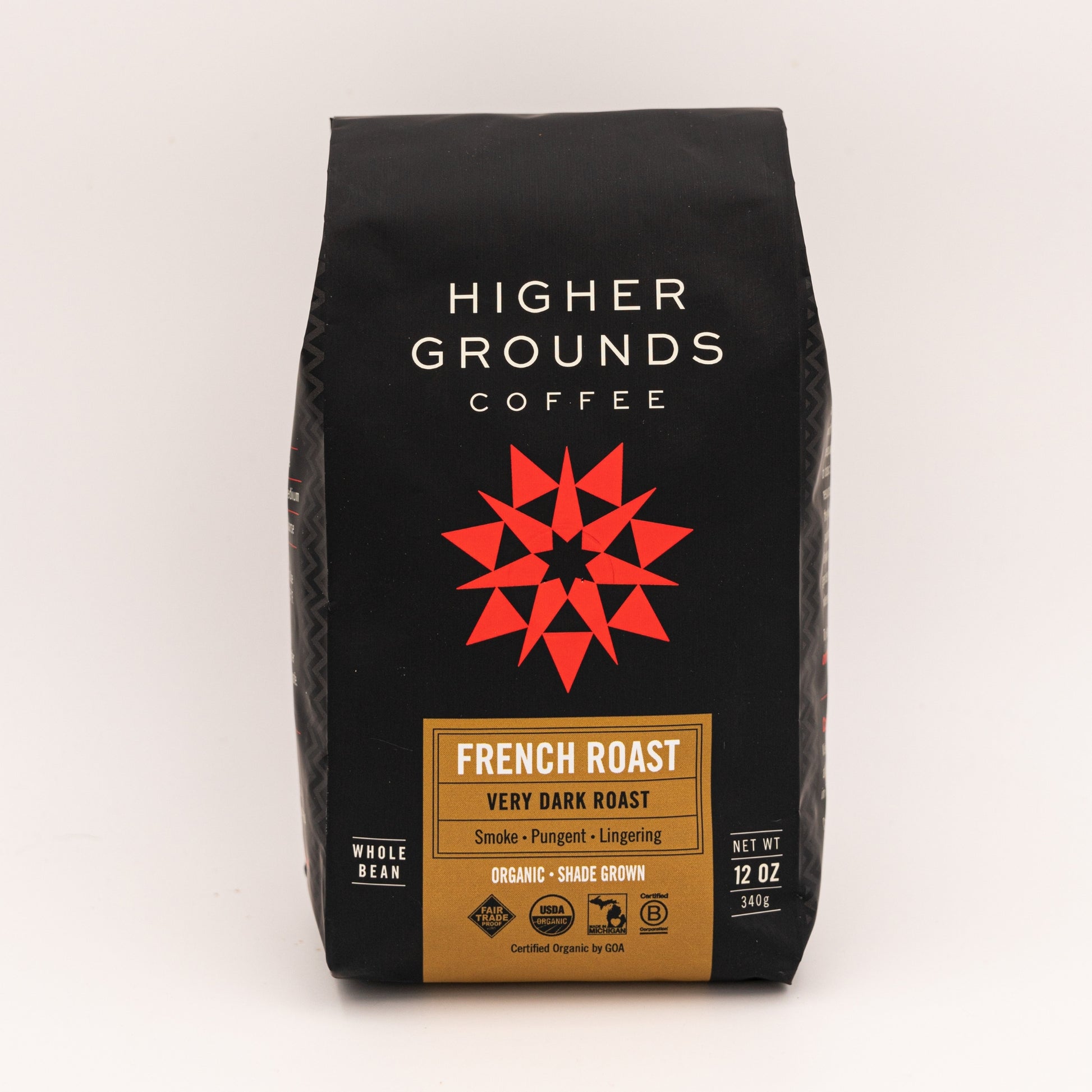 bag of organic very dark roast French Roast coffee beans from Higher Grounds Trading Co