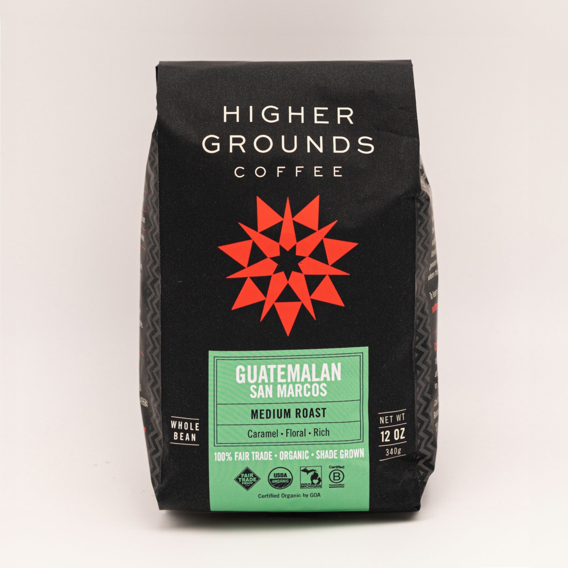 bag of organic medium roast Guatemalan San Marcos coffee beans from Higher Grounds Trading Co
