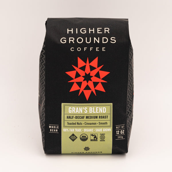 bag of organic half-decaf medium roast Gran's Blend coffee beans from Higher Grounds Trading Co