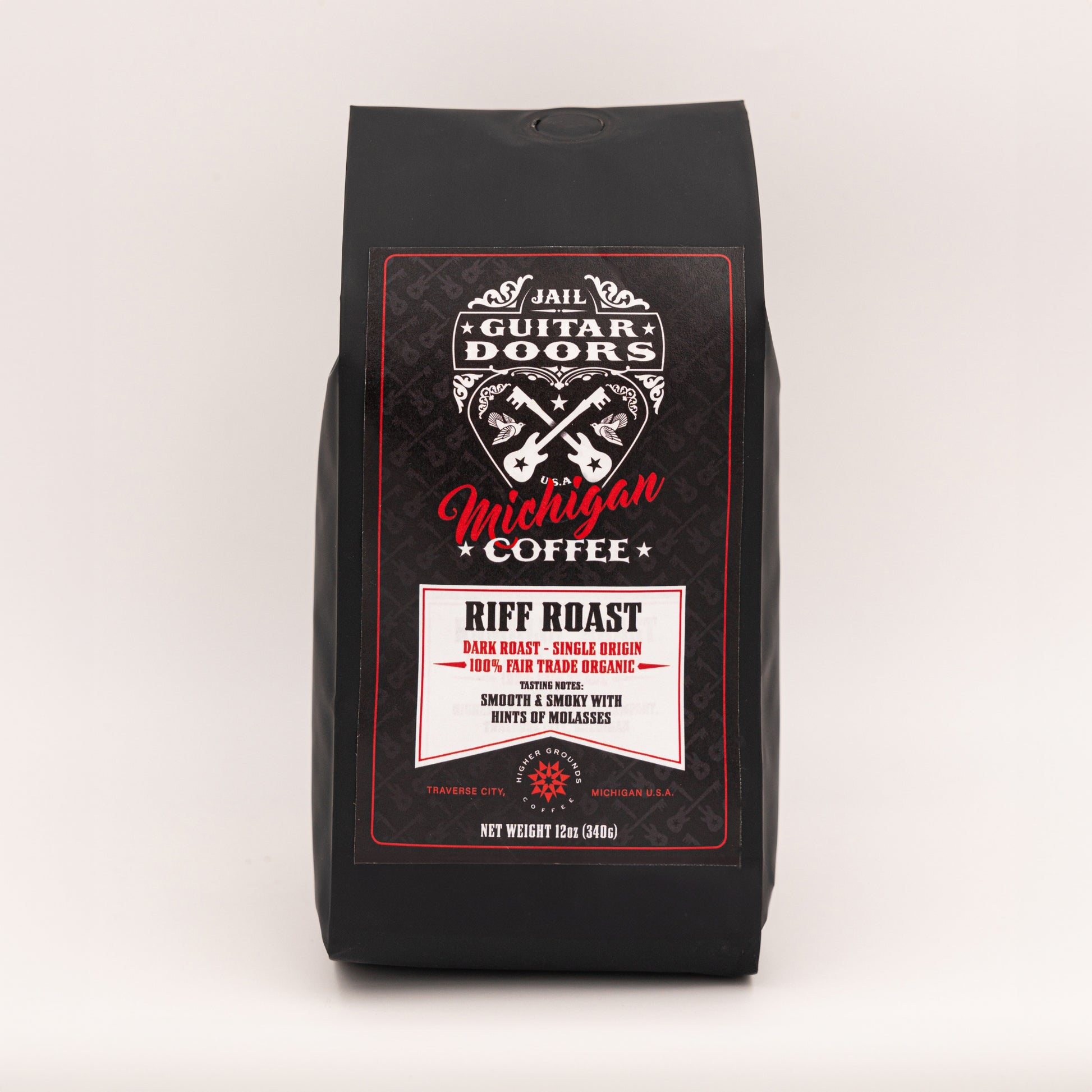 bag of organic Jail Guitar Doors Riff Roast Blend Coffees For Change coffee beans from Higher Grounds Trading Co