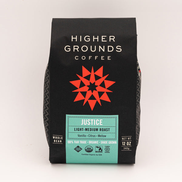 bag of organic light medium roasted Justice coffee beans from Higher Grounds Trading Co