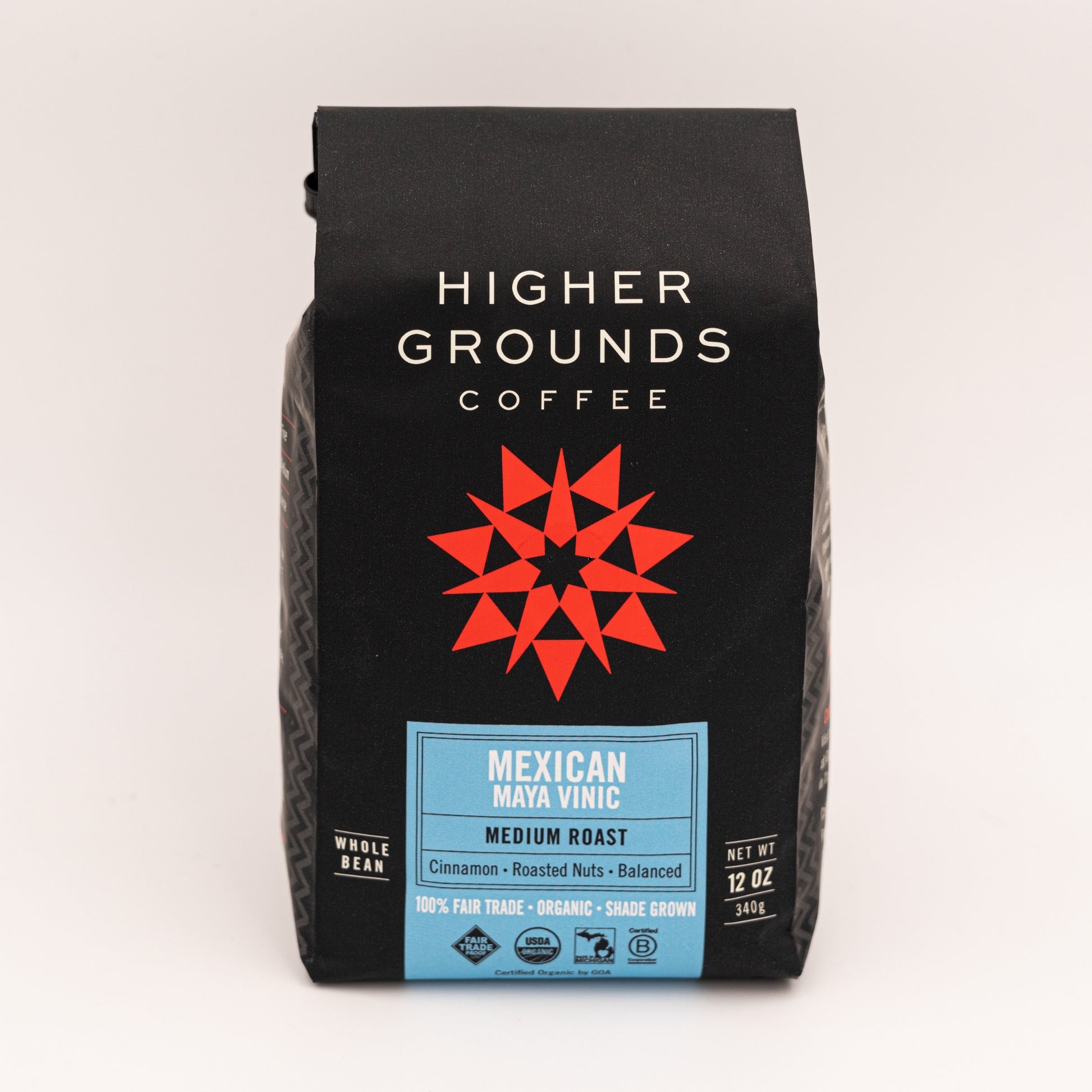 bag of organic medium roasted Mexican Maya Vinic coffee beans from Higher Grounds Trading Co