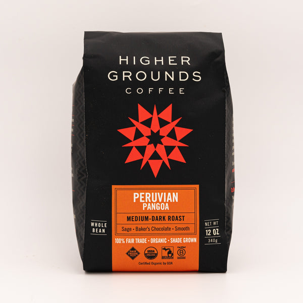 bag of organic medium dark roasted Peruvian Pangoa coffee beans from Higher Grounds Trading Co