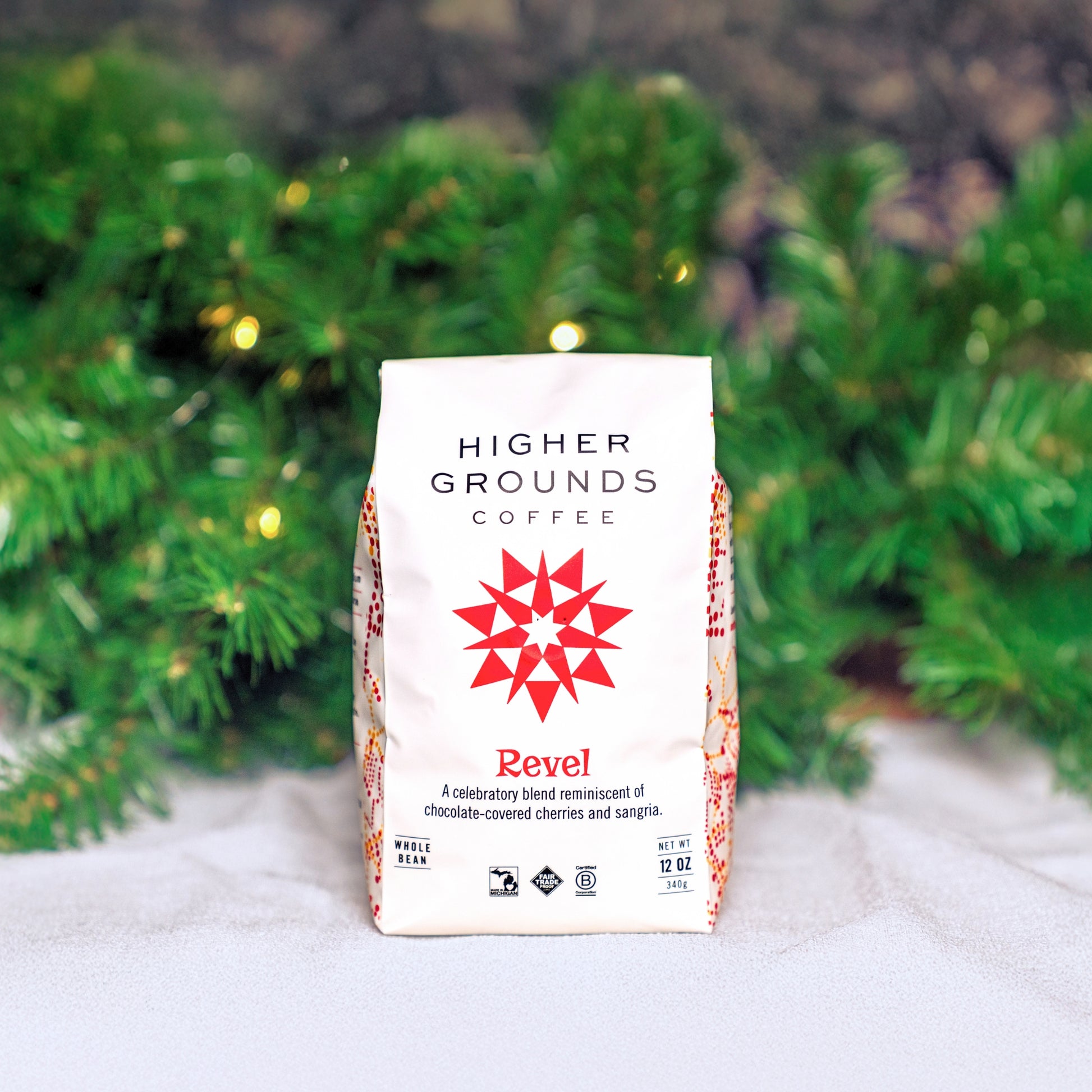 bag of organic seasonal Revel blend Coffee For 
Change coffee beans from Higher Grounds Trading Co