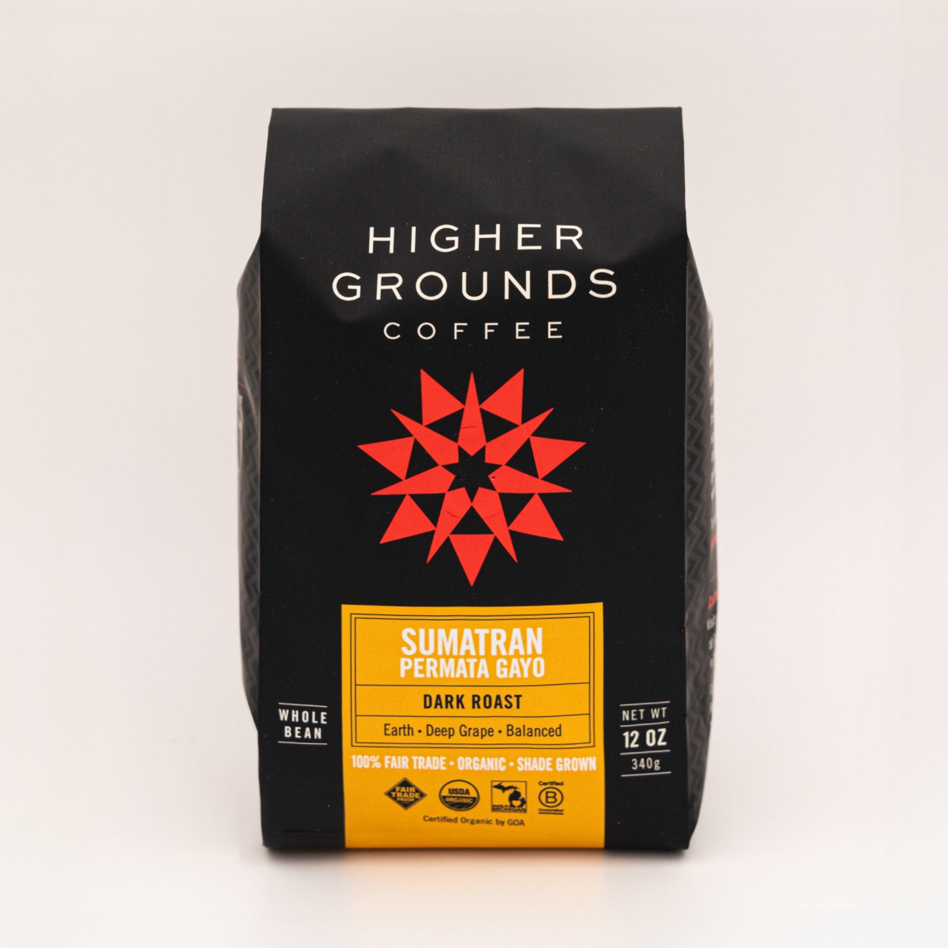 bag of organic medium dark roast Sumatran Permata Gayo coffee beans from Higher Grounds Trading Co