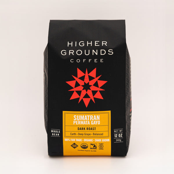 bag of organic medium dark roast Sumatran Permata Gayo coffee beans from Higher Grounds Trading Co