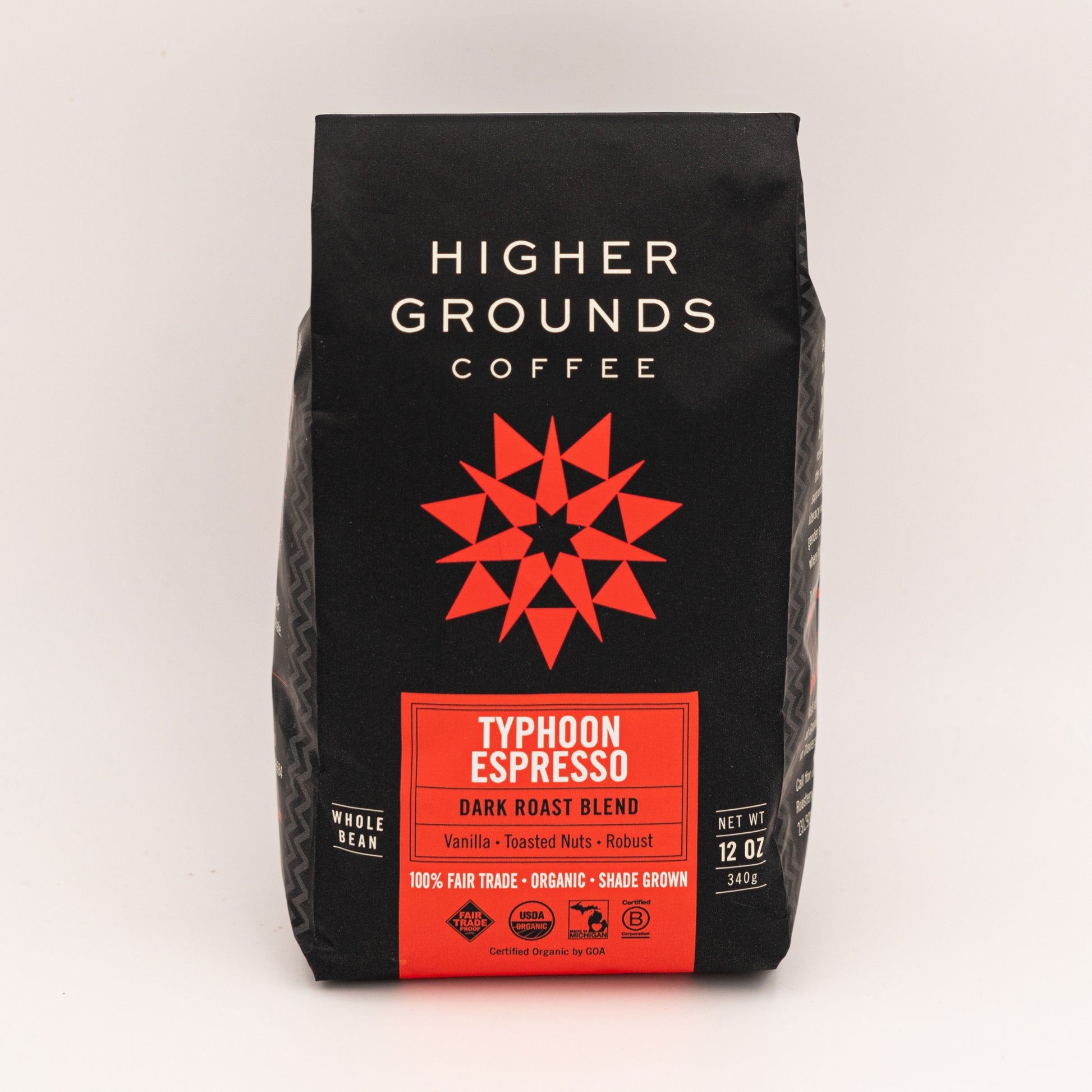 bag of organic dark roast blend Typhoon Espresso coffee beans from Higher Grounds Trading Co