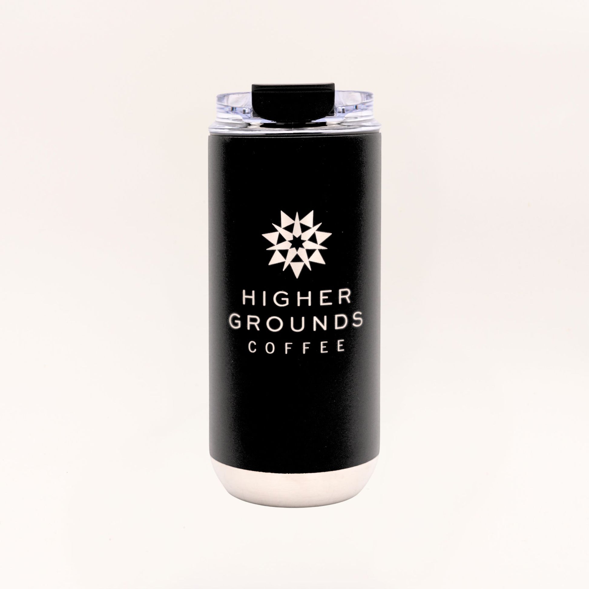 Black tumbler with 'Higher Grounds Coffee' silver star logo on a black matte background with stainless steel base and snap lid.