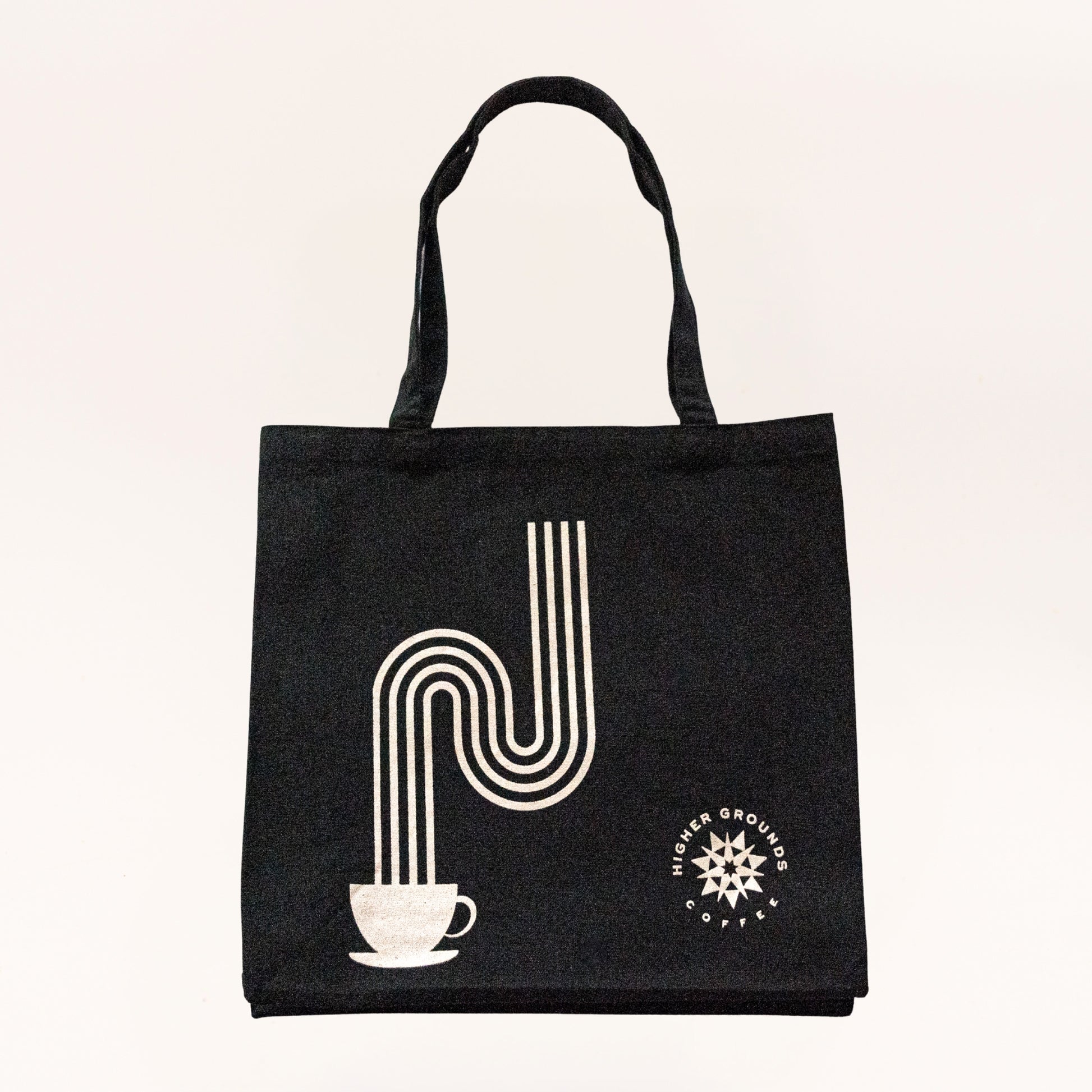 Recycled black tote bag with Higher Grounds logo and coffee cup art