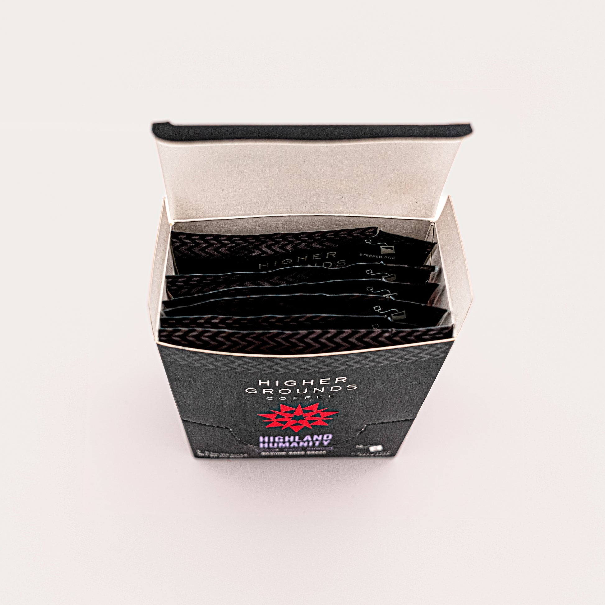 6 count box of single serve Steeped coffee bags of organic Highland Humanity