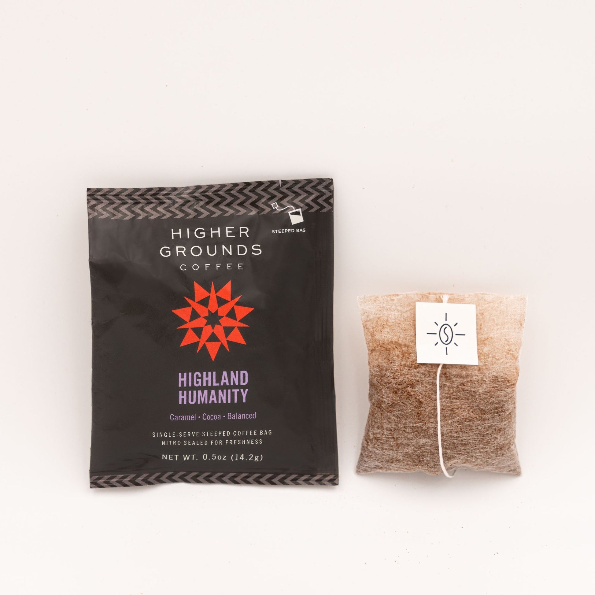 Single serve Steeped coffee bag of organic Highland Humanity 